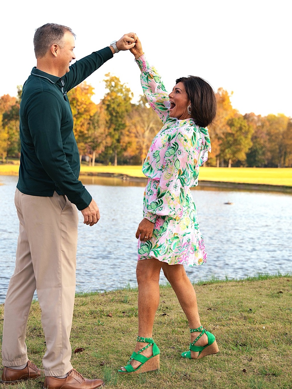 Lilly Pulitzer, Floral Long-Sleeve Ruffle-Hem Dress - Pink Green